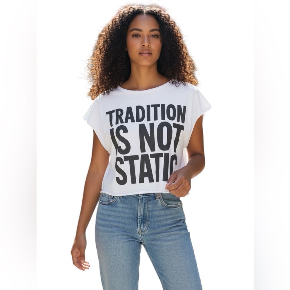 Carla Fernandez boxy  Graphic Crop Tee "TRADITION IS NOT STATIC"